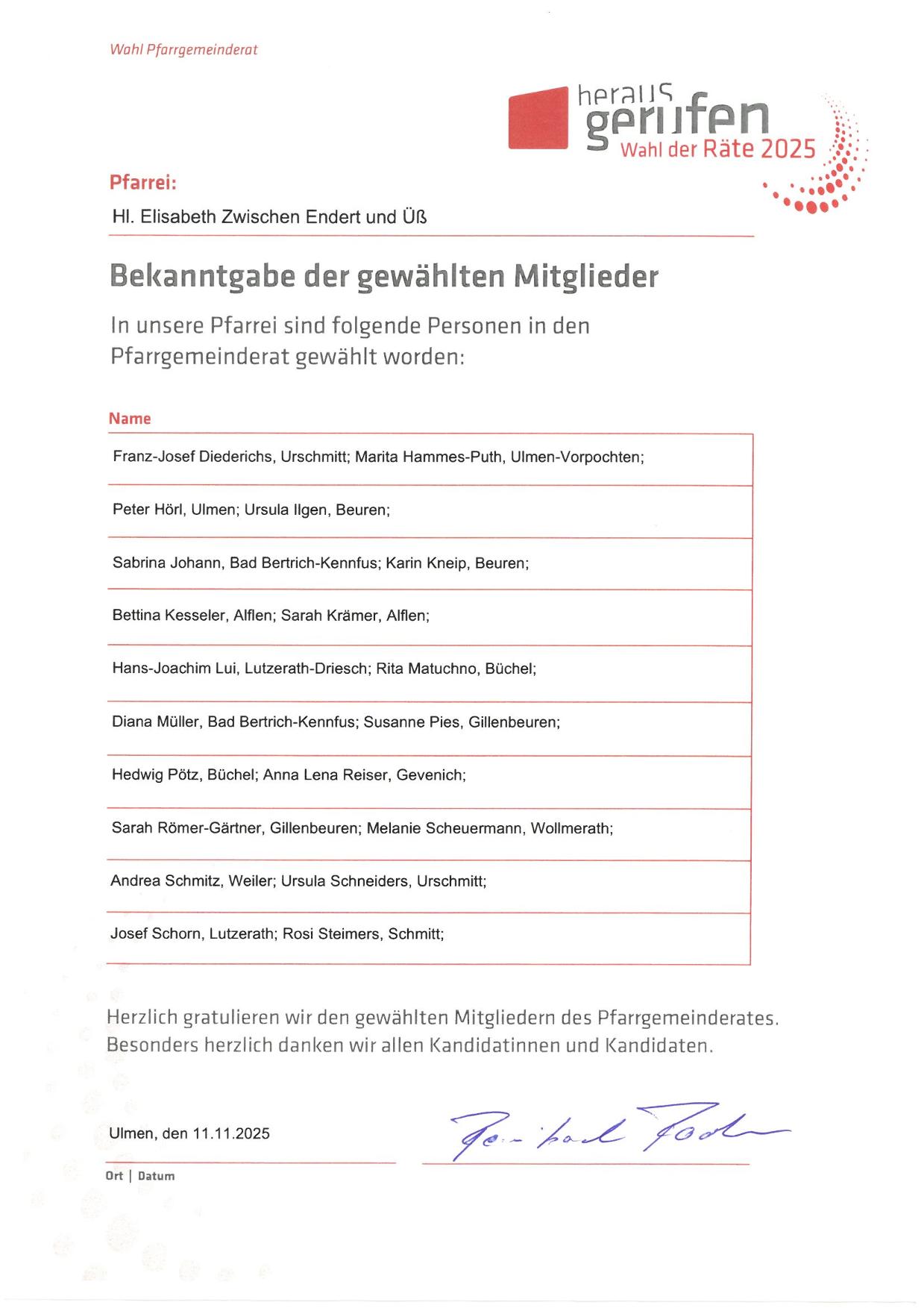 Bekanntgabe gewählte Mitglieder der PGR Wahlen